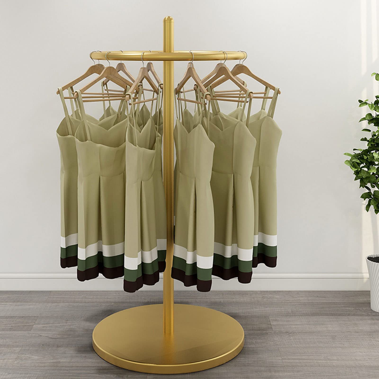 YNBSHGAA Floor Standing Rotating Clothes Display Rack for Clothing Store,Retail Store Clothing Rack Free-Standing Heavy Duty Garment Rack Closet Organizer, Commercial Clothes Rack,Gold