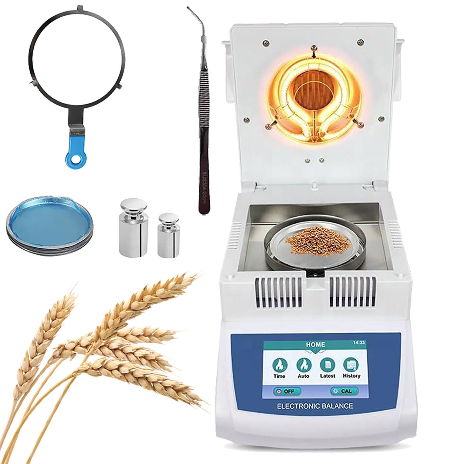 Analizador de humedad de laboratorio con pantalla táctil digital, medidor de humedad halógeno de 50 g/100 g, control de temperatura de 60 a 160 °C, for polvo, té, carne y alimentos.(50g/0.005g)