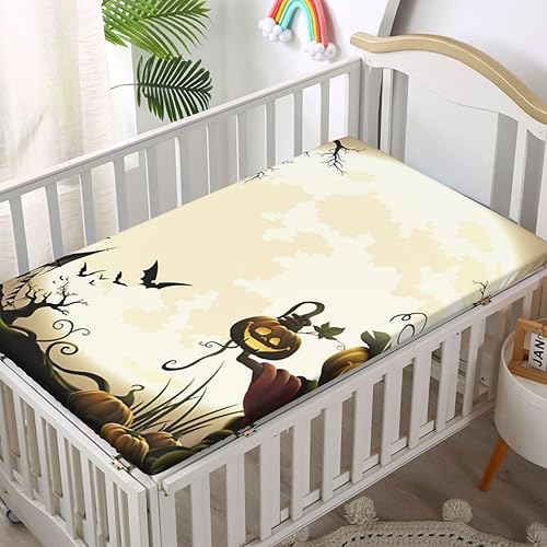 Miniatura 2 de Sábana bajera ajustable para cuna de Halloween, patrón de espantapájaros de calabaza, sábana bajera estándar para cuna, suave y elástica, sábana