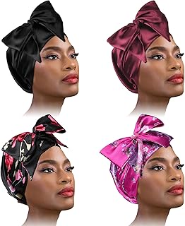 4 Pieces Soft Satin Head Scarf Sleeping Cap Turbans Head Cover Bonnet Head Wear for Women (Set 4)