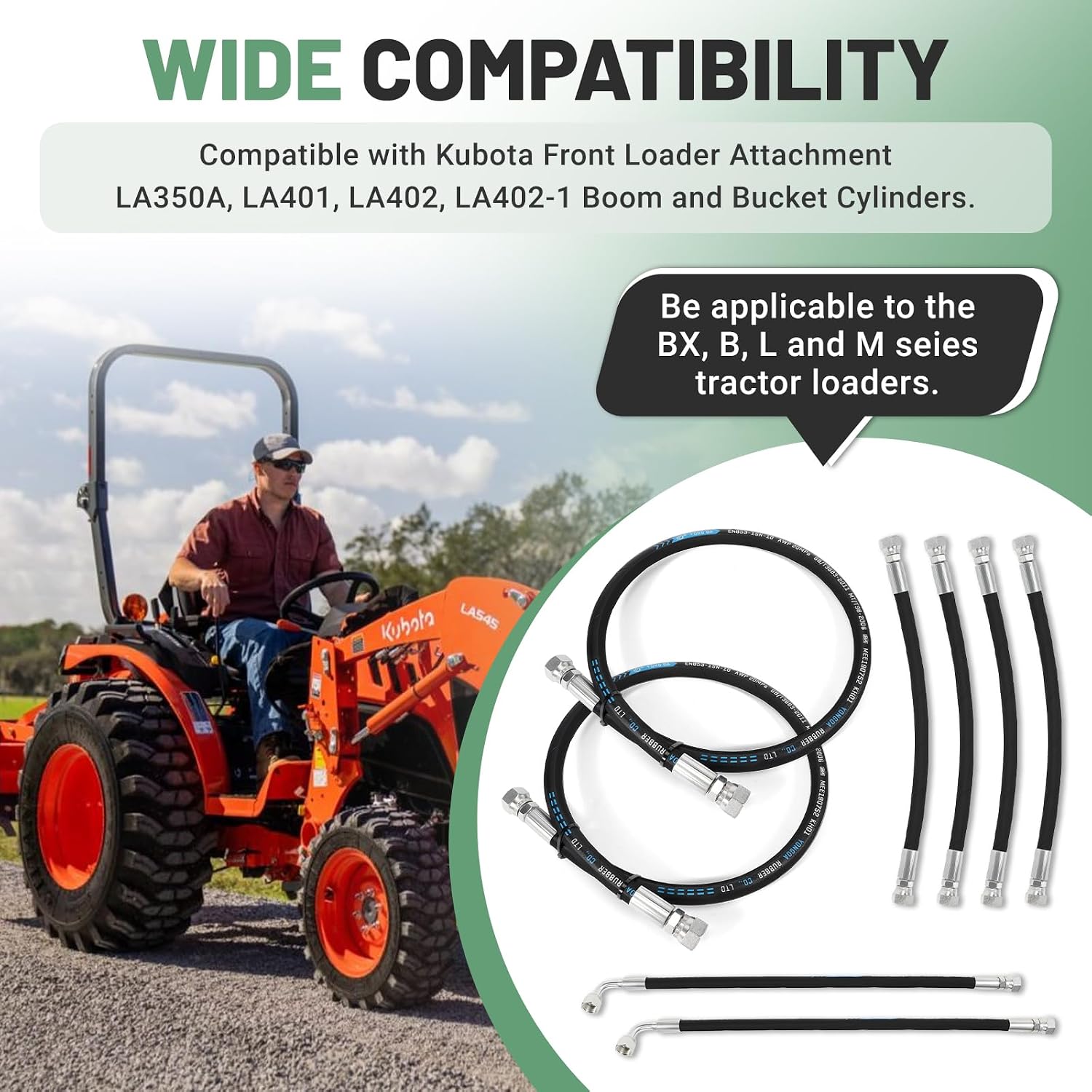 for kubota hydraulic hoses kit, fit for kubota la350a, la401, la402, la402-1 front loader hydraulic hoses - include 7j303-76610/75535-66620/7j999-95562 boom & bucket cylinder hoses
