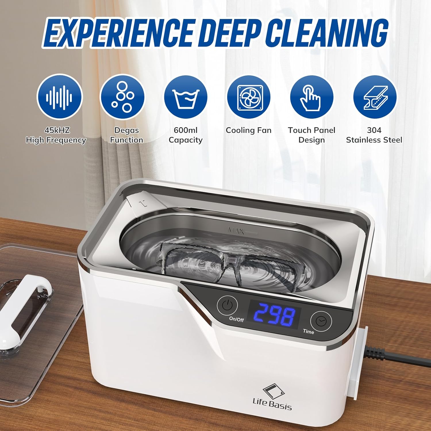 LifeBasis Ultrasonic Jewelry Cleaner, Professional 45kHz Ultrasonic Cleaner Machine 20 Ounces (600ML) with Digital Timer, Watch Holder Ultrasonic Glasses Cleaner for Ring, Coin, Watch, Denture -White
