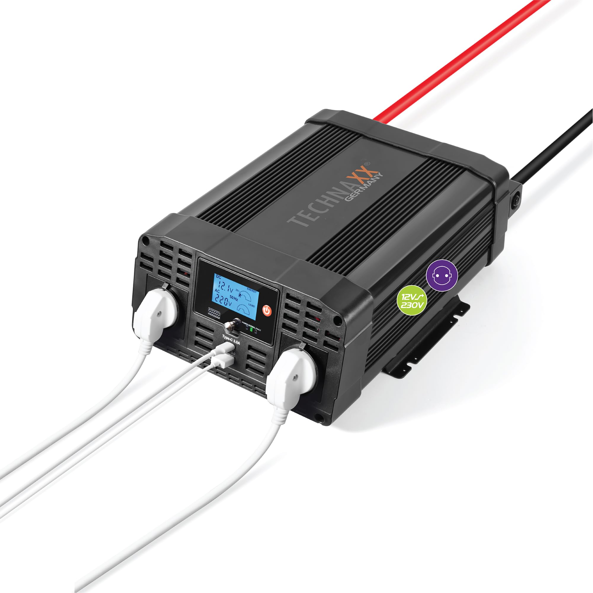 Technaxx Convertitore Auto 12V a 230V 2000W Potenza Continua 4000W Picco Convertitore di Tensione con Display LCD 2 Prese Schuko 2 Porte USB Certificato TÜV Inverter per Camping Camper Barca - TE20