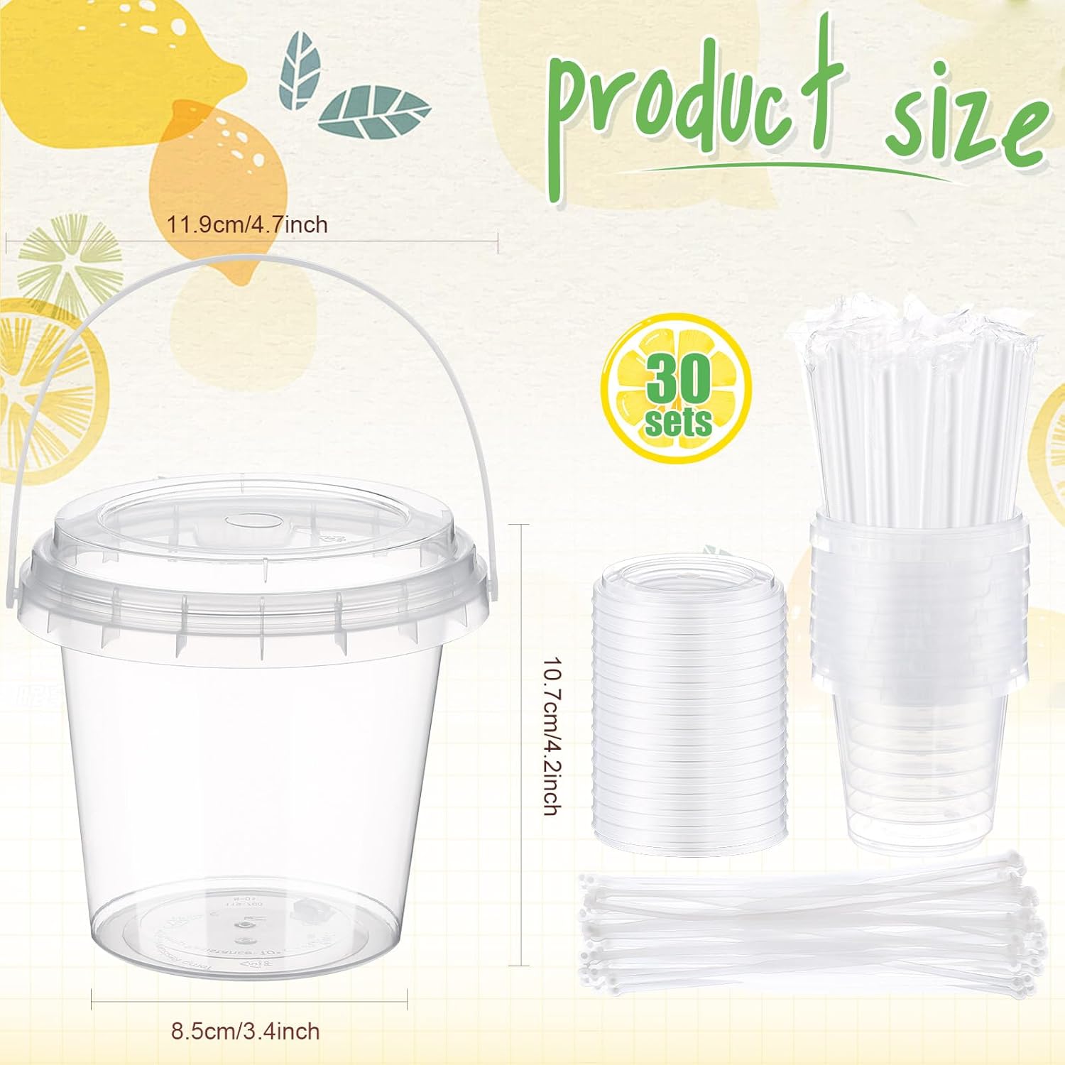 Funnymoom 30 Set 24oz Clear Drink Cups with Lids Straws and Lemon Stickers, Disposable Plastic Lemonade Buckets with Handles for Summer Citrus Party, Bridal Shower and Adult Bachelorette Supplies