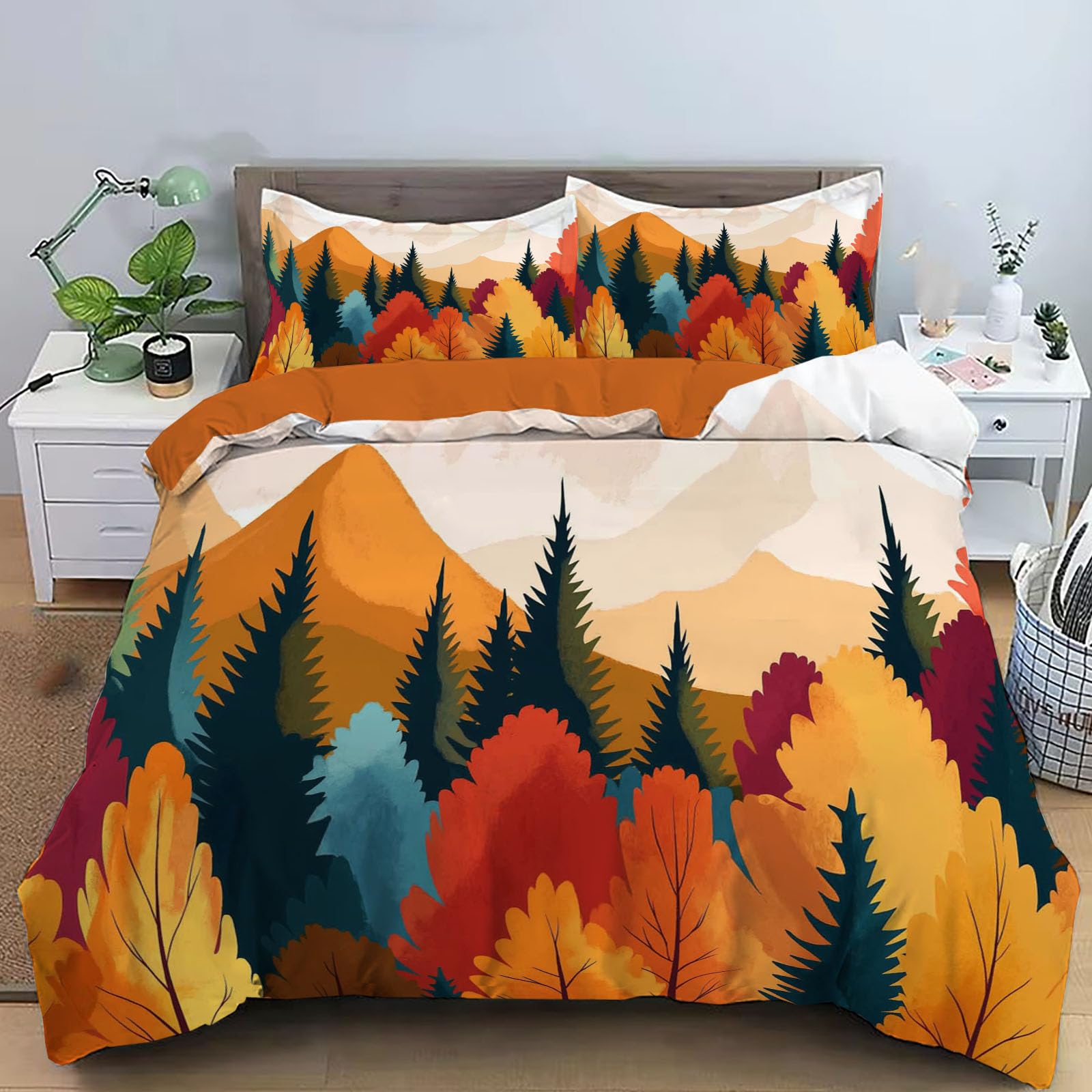 Parure de lit forêt montagnes 200x200cm avec housse de couette imprimée et taies d'oreiller paysage