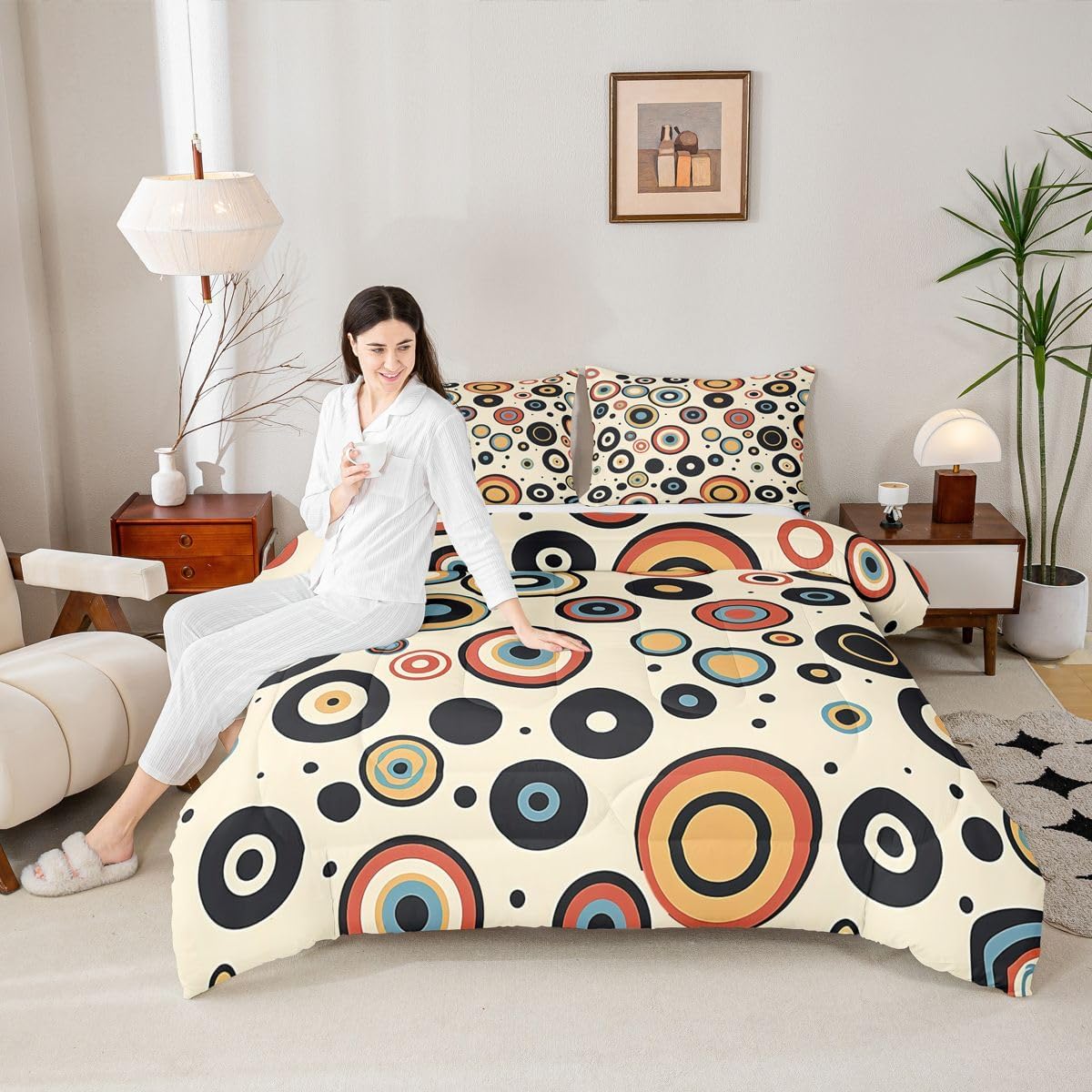 Retro Groovy Comforter Abstract Geometric Circle Pattern Bedding Queen Size for Adult Women Girls Bohemian 70s 80s Vintage Psychedelic Polka Dot Print Hippie Duvet Insert Boho Aesthetic Style Quilt