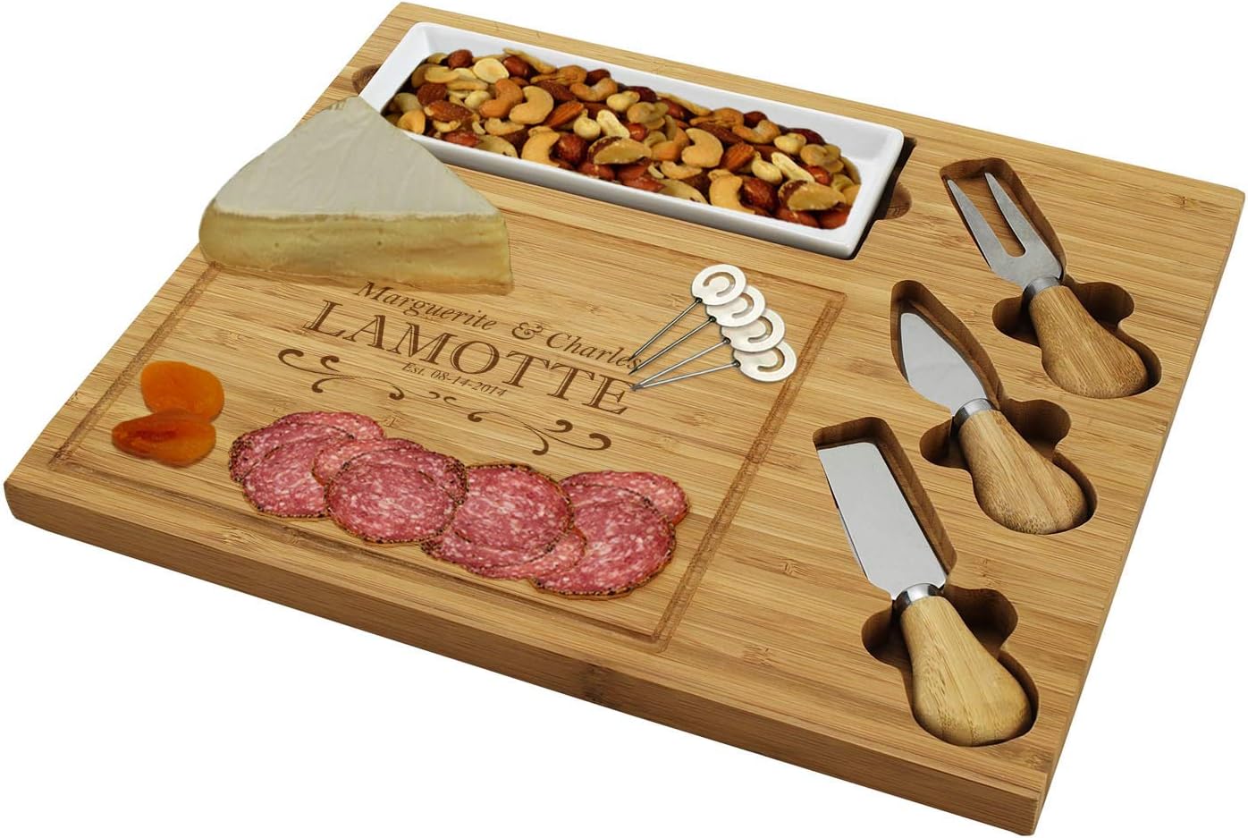 Custom Personalized Engraved Bamboo Cutting Board for Cheese & Charcuterie with Ceramic Dish, Knife Set & Cheese Markers -by Picnic at Ascot USA