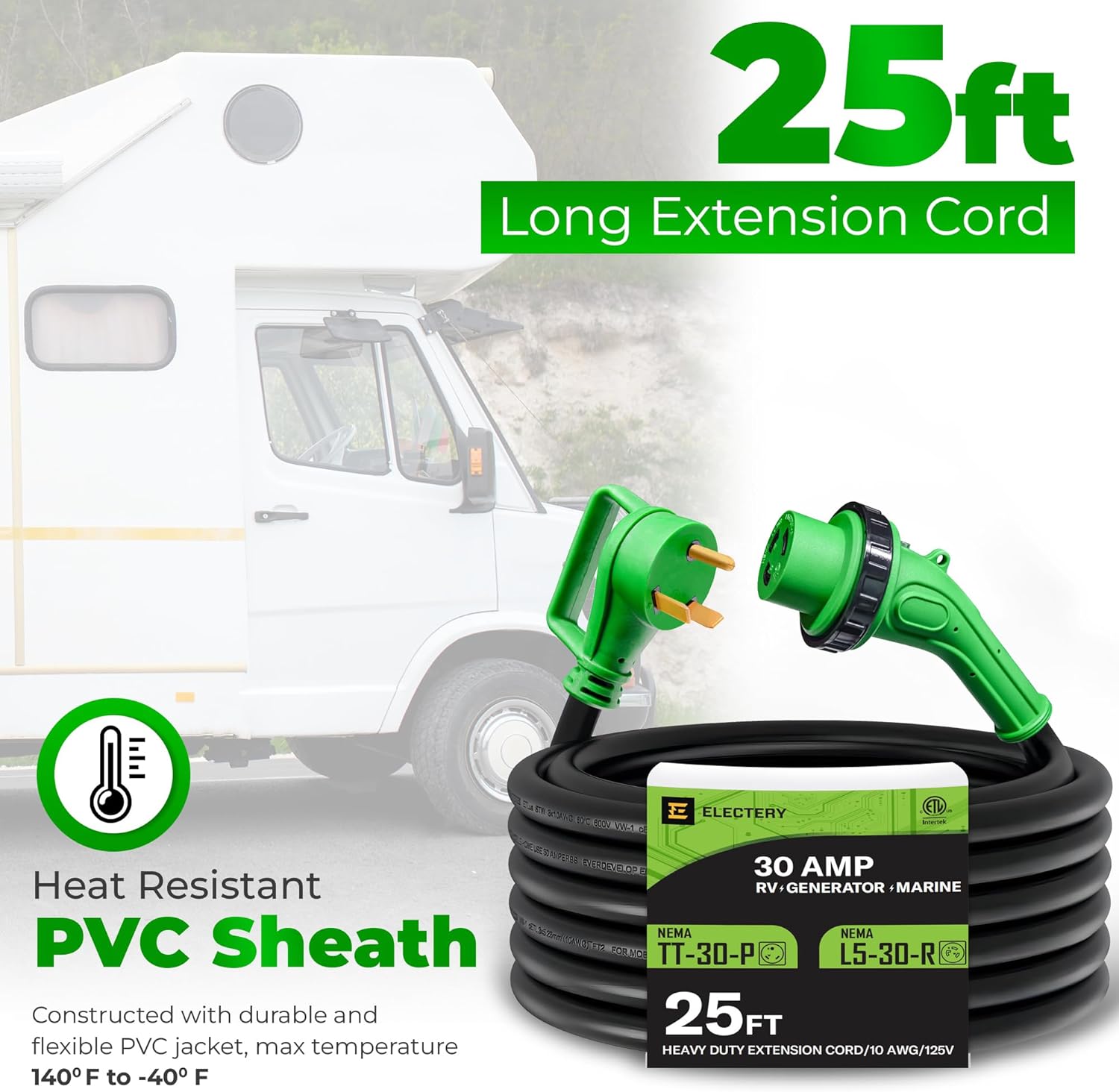 30 Amp Generator Extension Cord 25 FT, TT-30P to L5-30R Twist Lock, LED Power Indicator & Reverse Polarity Light, 10 AWG Heavy Duty RV Shore Power Cord, 90° Grip Handle, for Generator, Camper, Marine