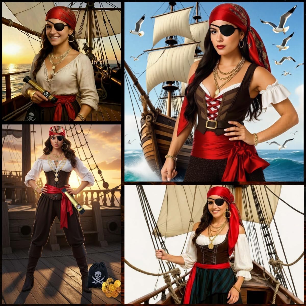 9PCS Pirate Costume Accessories Women with Head Scarf Wrap Pirate Eye Patch Sash Belt Necklace,Bracelet,Binocular,Coins - Image 3
