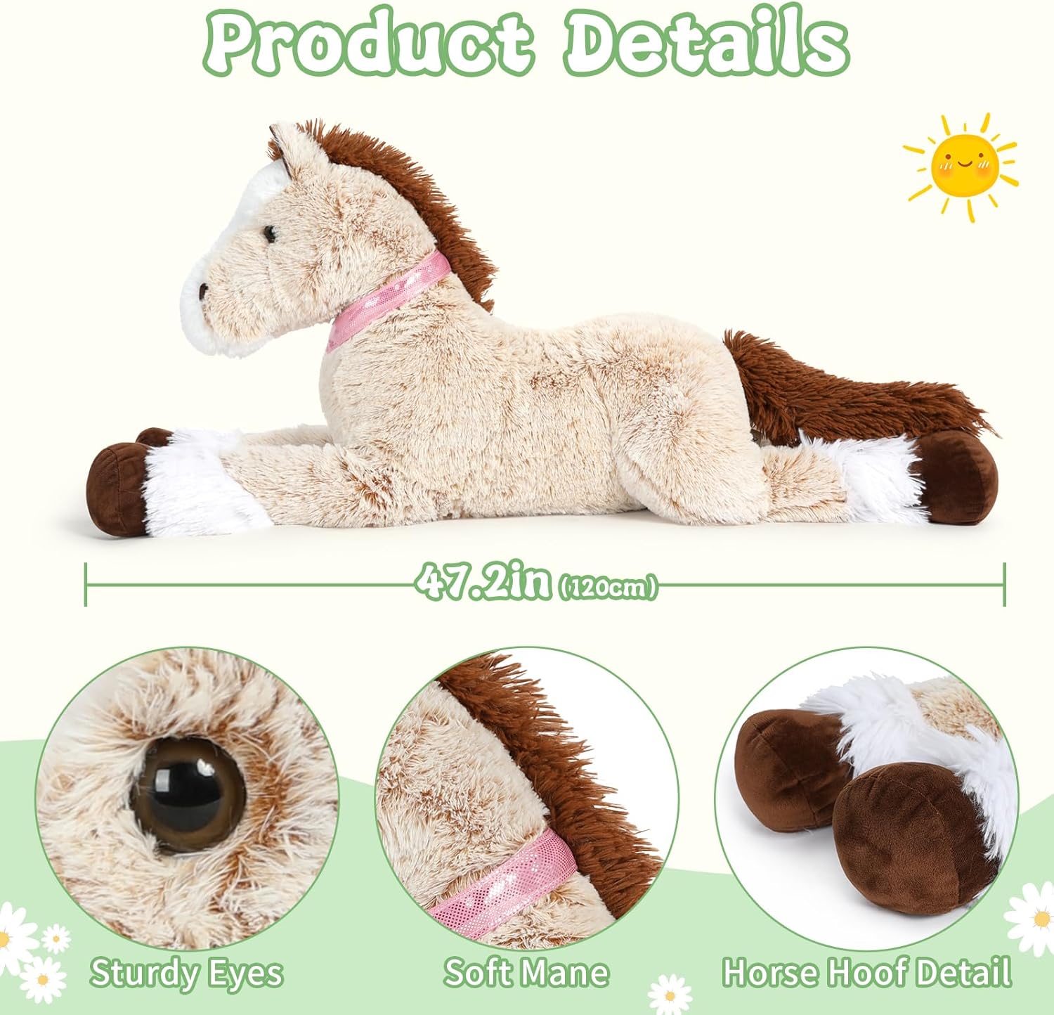 47 Inch Giant Horse Stuffed Animal, Hugging 4ft Giant Soft Brown Horse Plush Body Pillow, Realistic Large Stuffed Pony Plush Toy Gift for Girls Boys
