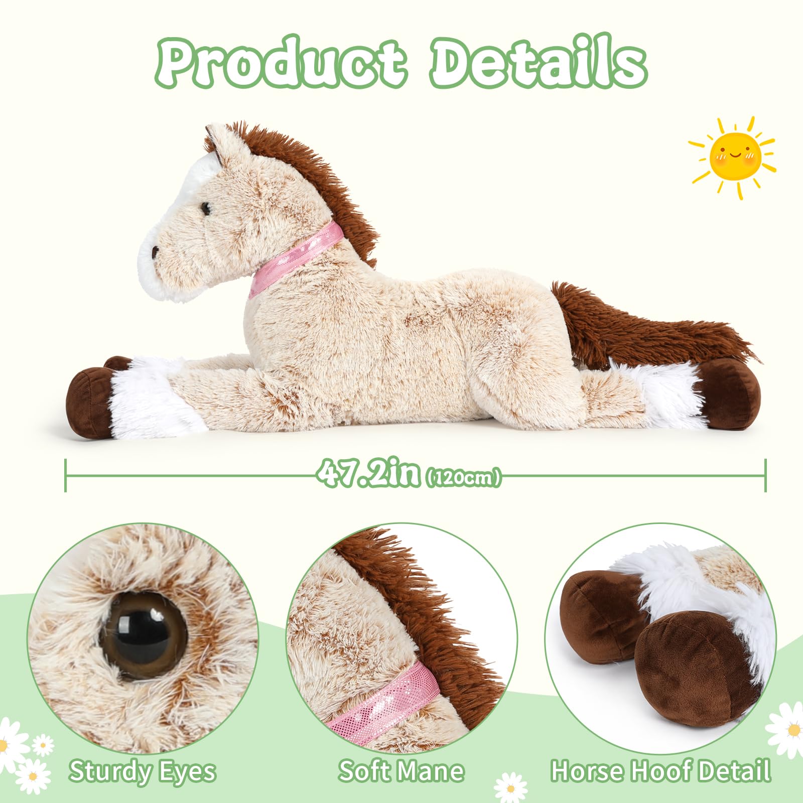 47 Inch Giant Horse Stuffed Animal, Hugging 4ft Giant Soft Brown Horse Plush Body Pillow, Realistic Large Stuffed Pony Plush Toy Gift for Girls Boys 4