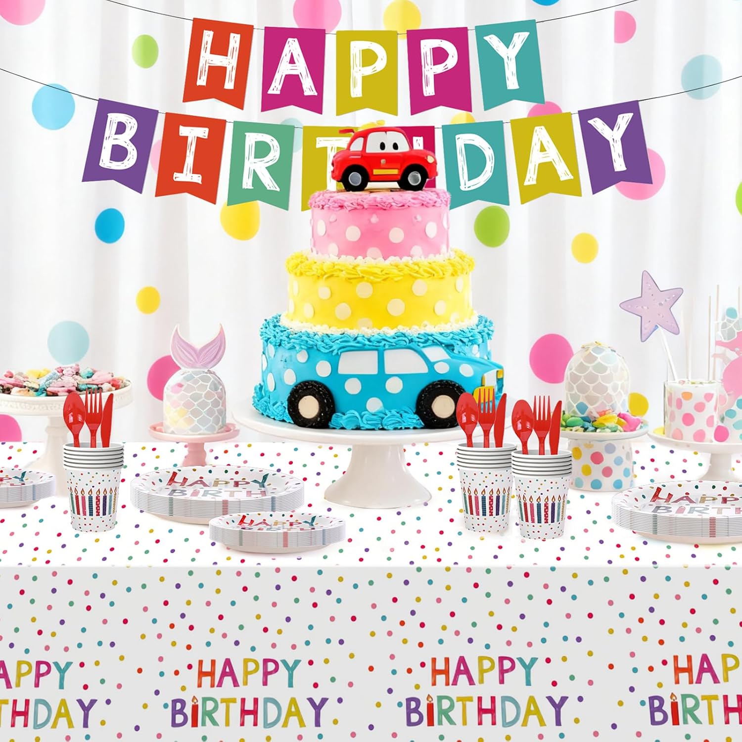 203 Pcs Happy Birthday Decorations: Party Supplies Set with Dots Design- Includes Disposable Paper Birthday Plates and Napkins, Cups, Tablecloth, and Banner for Boys/Girls, Serves 25 - Image 8