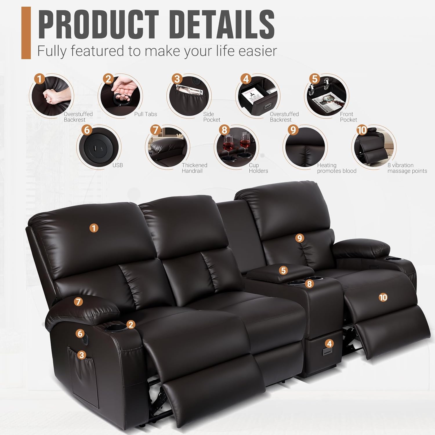 LEVELEVE Manual RV Recliner Loveseat with Massage and Heat,Home Theater Seating, Recliner Sofa with USB/Cup Holders and Side Pocket for Living Room,3 Loveseat Brown