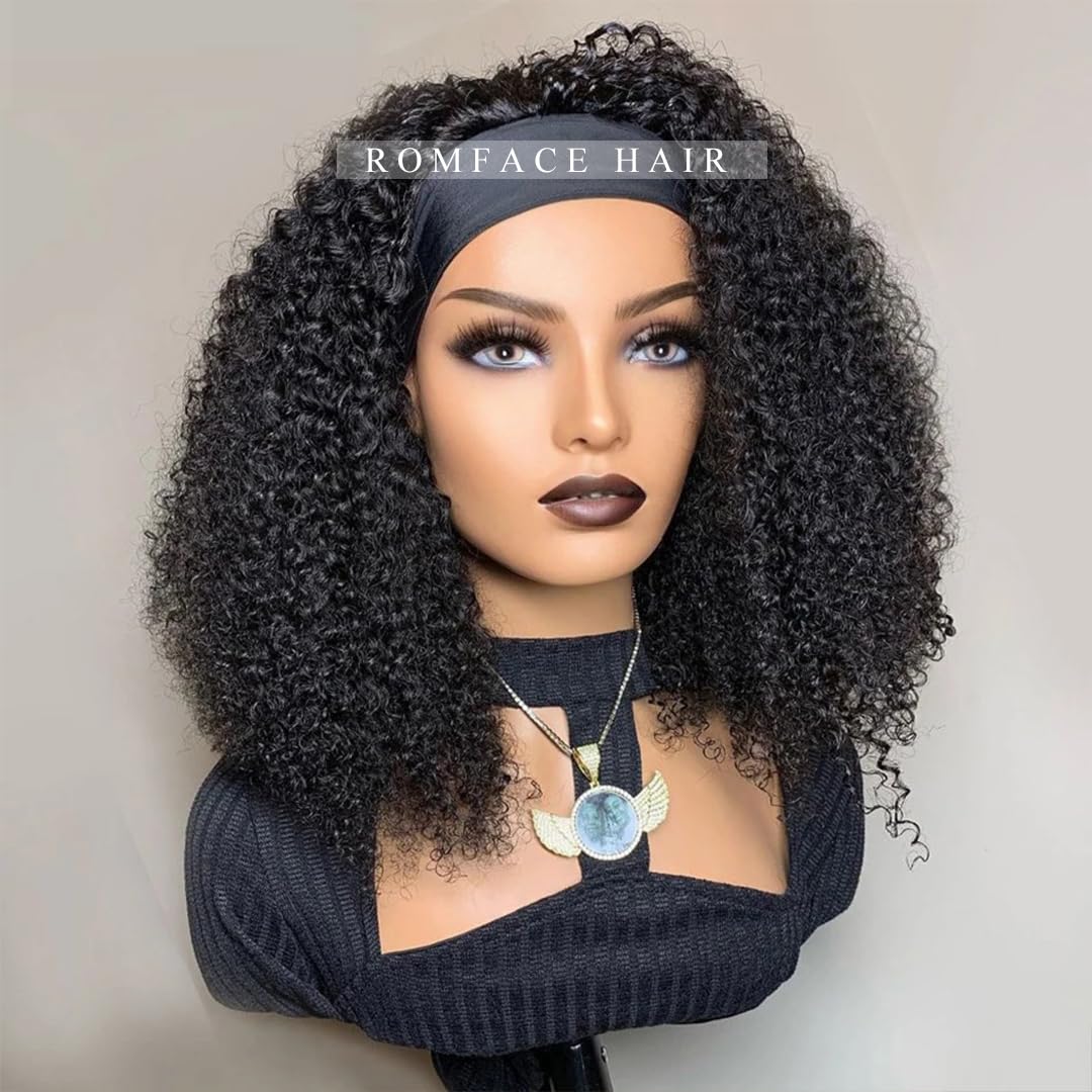 Romface 20Inch Headband Wigs Human Hair 180% Density Curly Wigs For Women 100% Glueless Wig, Black, 20 inch - Image 2