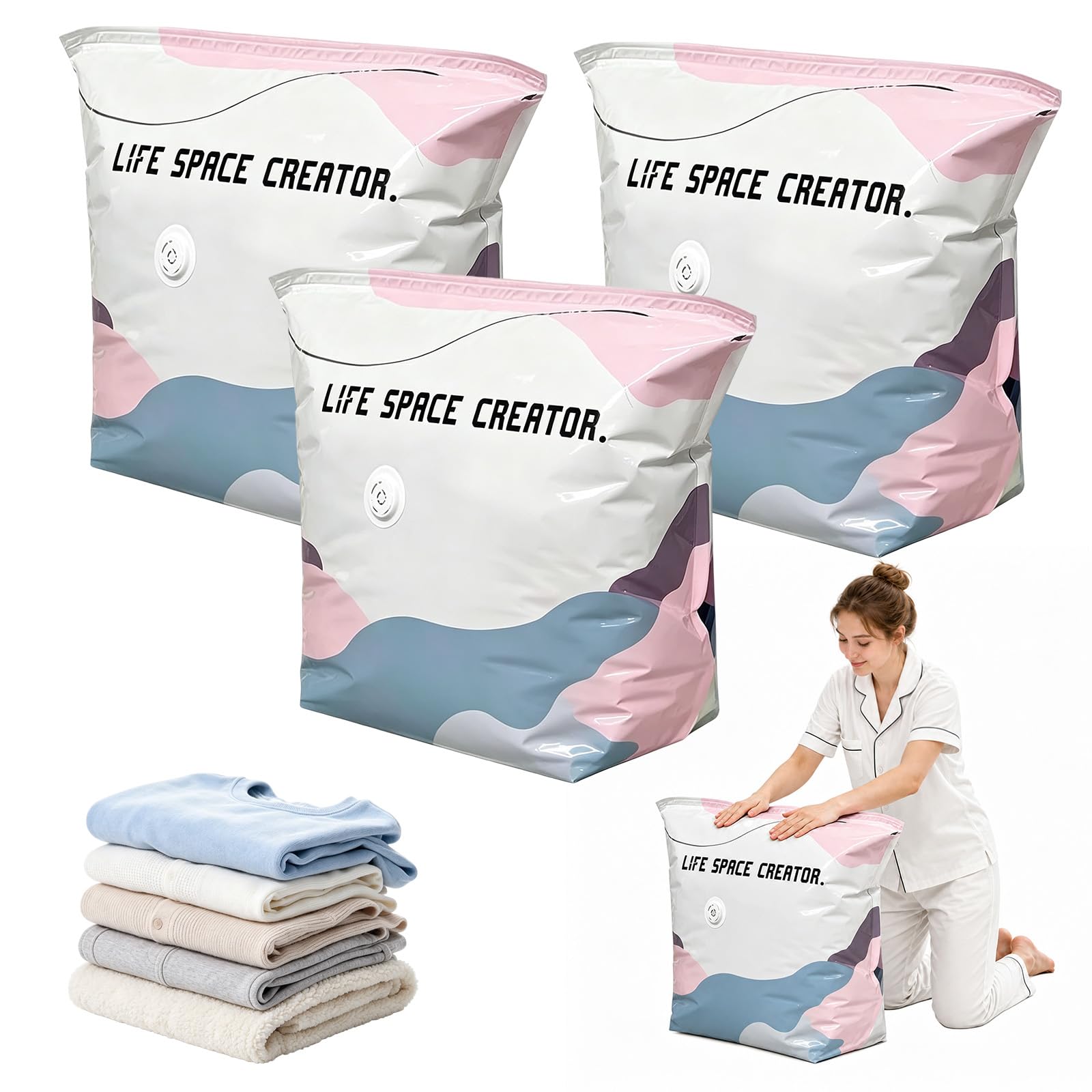 Vacuum Storage Bags, Large Capacity 3D Compression Bags for Clothes Duvet Bedding Blankets Comforters Pillows Travel & Home, No Pump Press & Seal Space Saver, Reusable Heavy Duty (3PACK, 70×50×30cm) — image 1