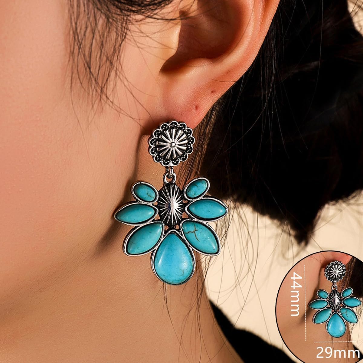 Western Turquoise Oval Hoop Earrings for Women Faux Turquoise Beaded Waterdrop Earrings Boho Country Earrings Silver Teardrop Dangle Earrings - Image 2