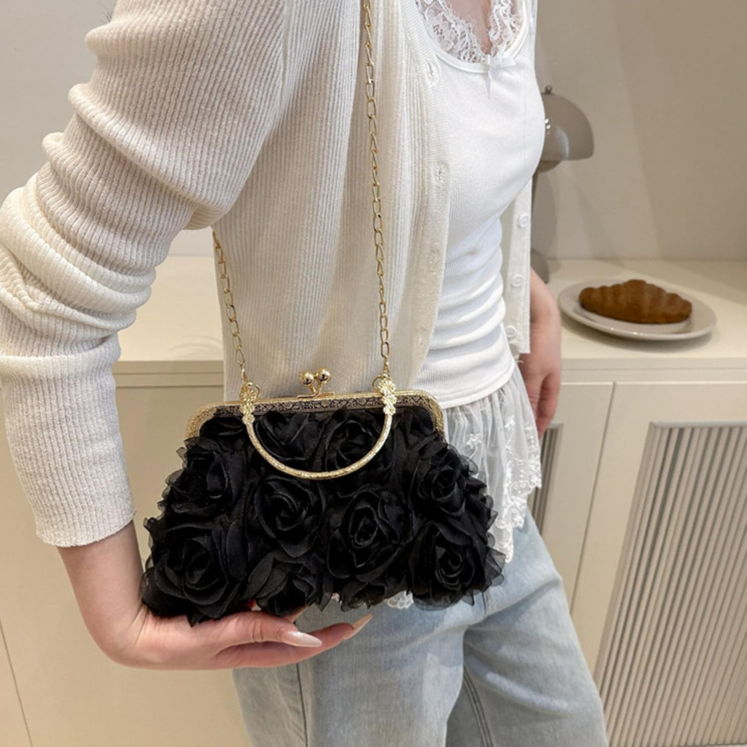 Women Clutch Purses, Elegant 3D Rose Lace Evening Bag, Vintage Retro Evening Clutch, Crossbody Shoulder Purse