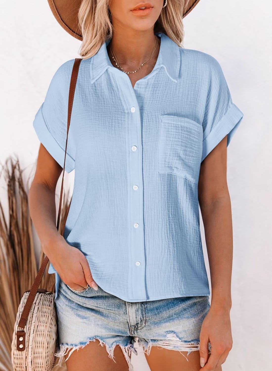 Astylish Women Summer Tops Cotton Short Sleeve Shirt V Neck Button Down Blouse Tunic Tops - Image 3