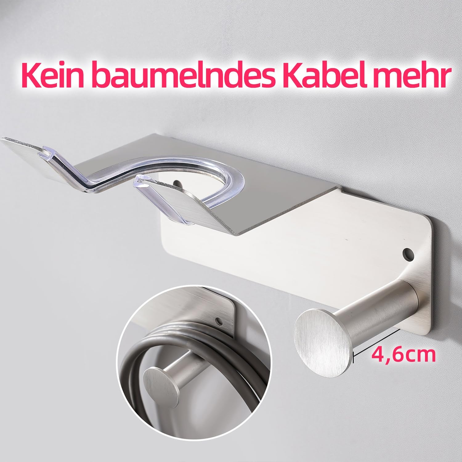 Support Pour Sèche-cheveux Sans Perçage - Acier Inox 304 - Fixation Adhésive Ou Vis - Crochet Câble - 6
