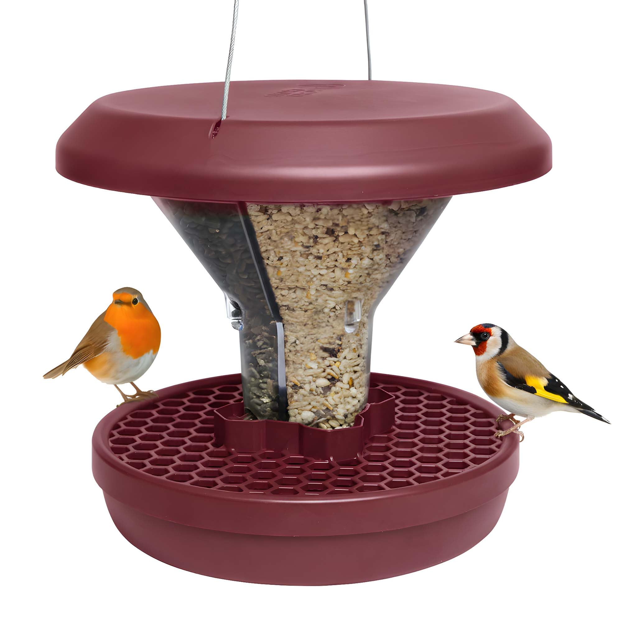 Swissinno Burgundy Bird Feeders Hanging Station - Davos - Smart Bird Feeder - No Mess Bird Seed - Seed Tray - Gardening Gifts - Bird Watching Gifts - Bird Table - Robin Food - Blackbird