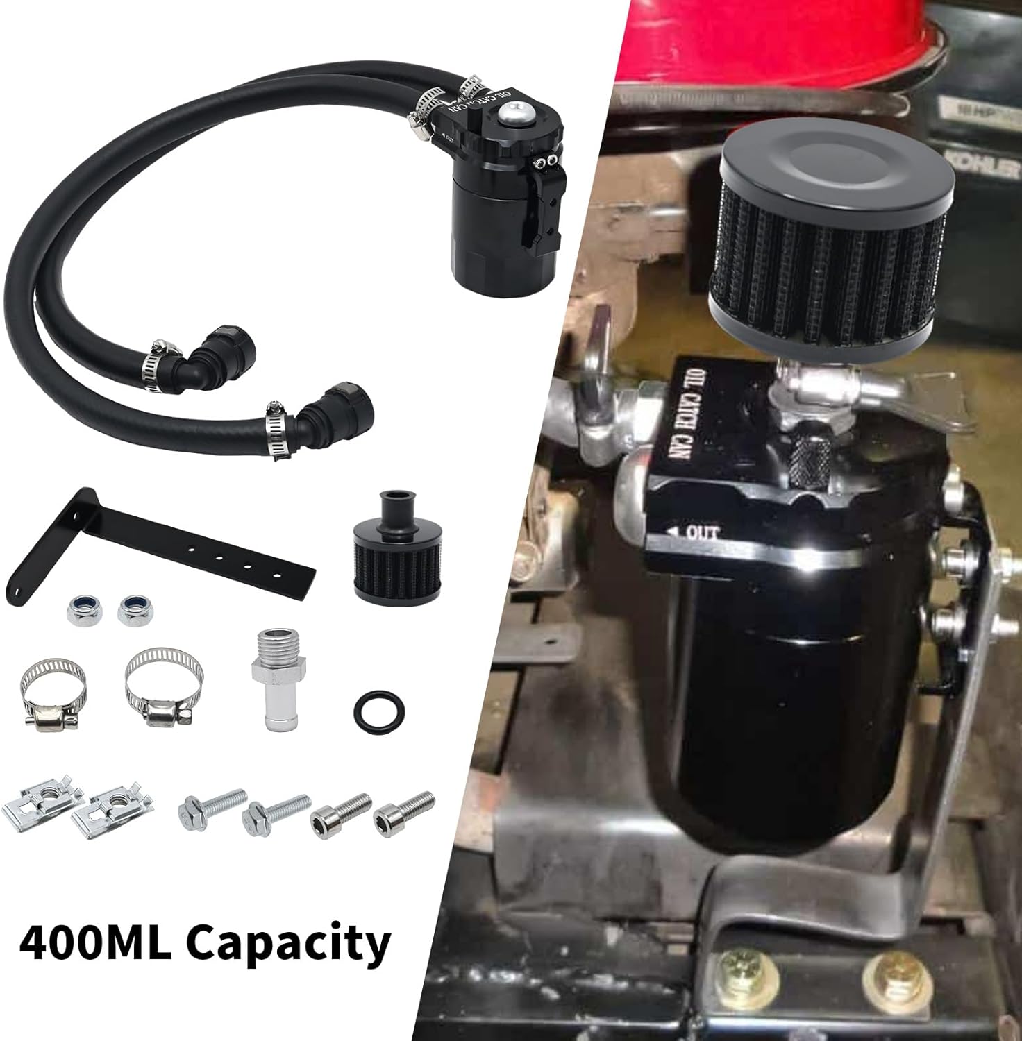 Oil Separator Reservoir Tank Engine Polish Baffled, 400ml Oil Catch Can Kit, Passenger Side with Breather Filter, Replacement for Ford F150 2011-2019 2.7EB 3.5EB 5.0