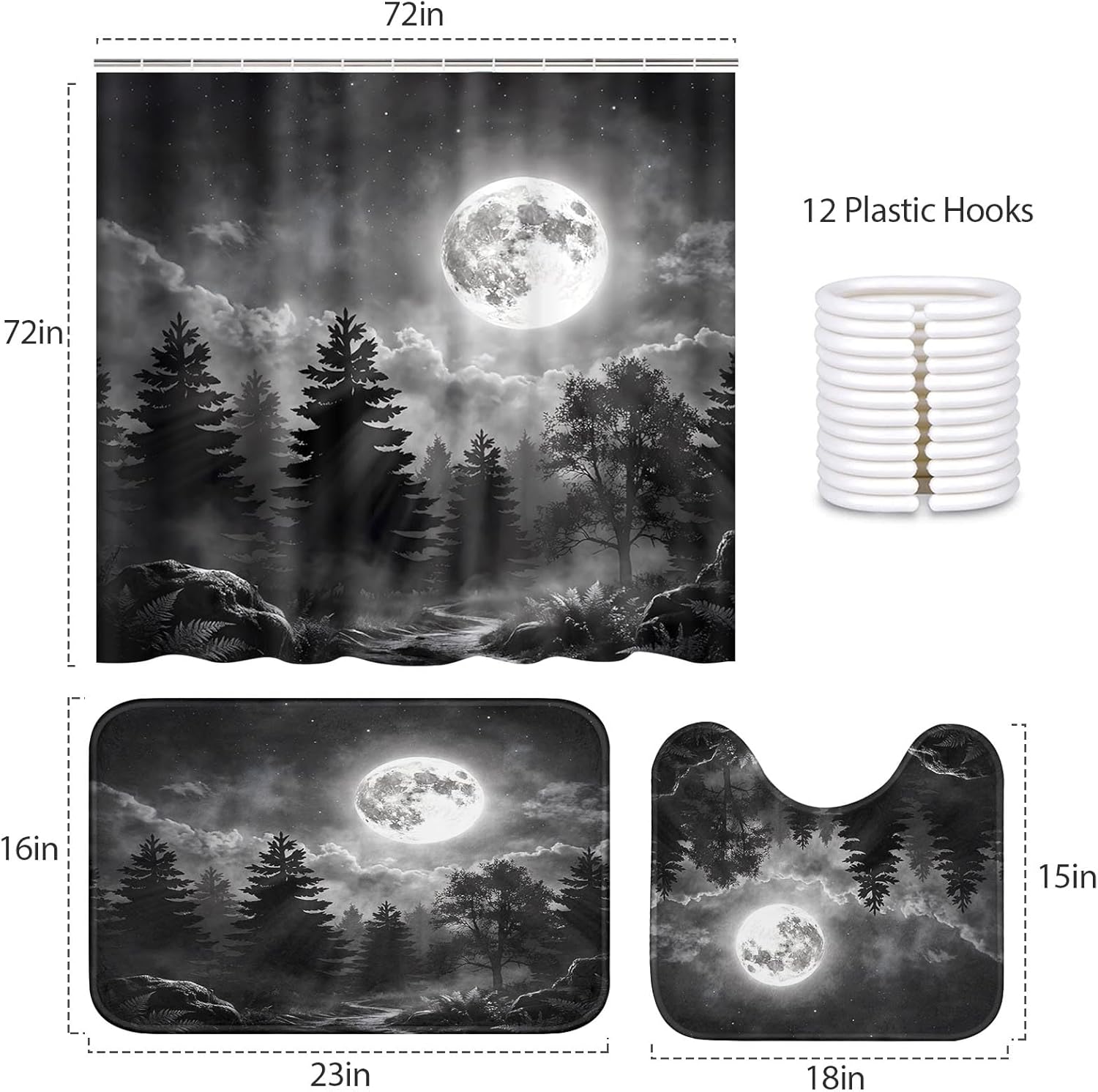 Pamnest 4 Pcs Shower Curtain Sets, Moon Forest Celestial Waterproof Bathroom Sets with Non-Slip Rugs,Toilet Lid Cover and Bath Mat, Accessories Modern Home Bathroom Decor 72" X 72"