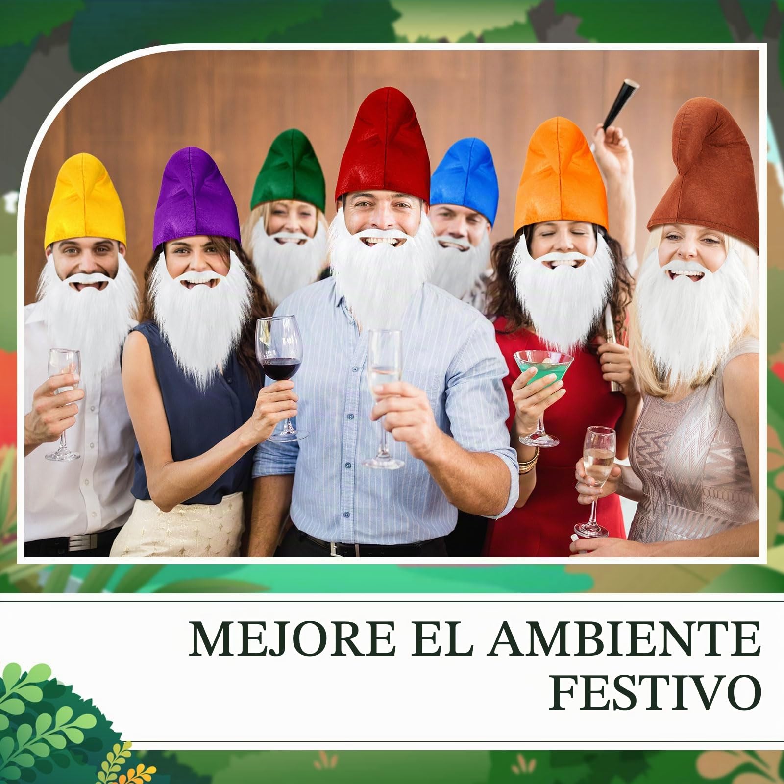 Jadive 14 Piezas Disfraz de Pitufo 7 Sombreros de Pitufo para Adulto 7 Barbas con Barbas Blancas Sombrero Puntiagudo Colorido con Barba Para Carnaval, Mardi Gras, Halloween y Navidad