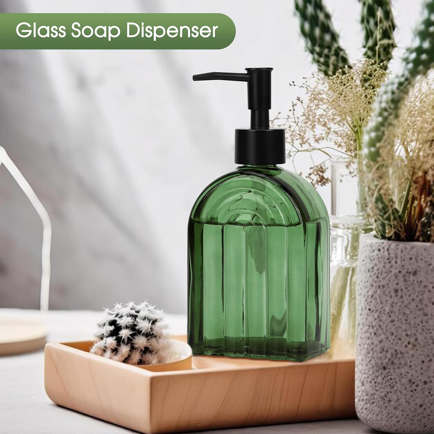 Topsky Arch Glass Soap Dispenser with Plastic Pump, 13OZ Liquid Hand Soap Dispenser, Rustproof Pump for Kitchen & Bathroom, Great for Lotions, Essential Oil, Liquid Soaps,Rainbow-Army Green