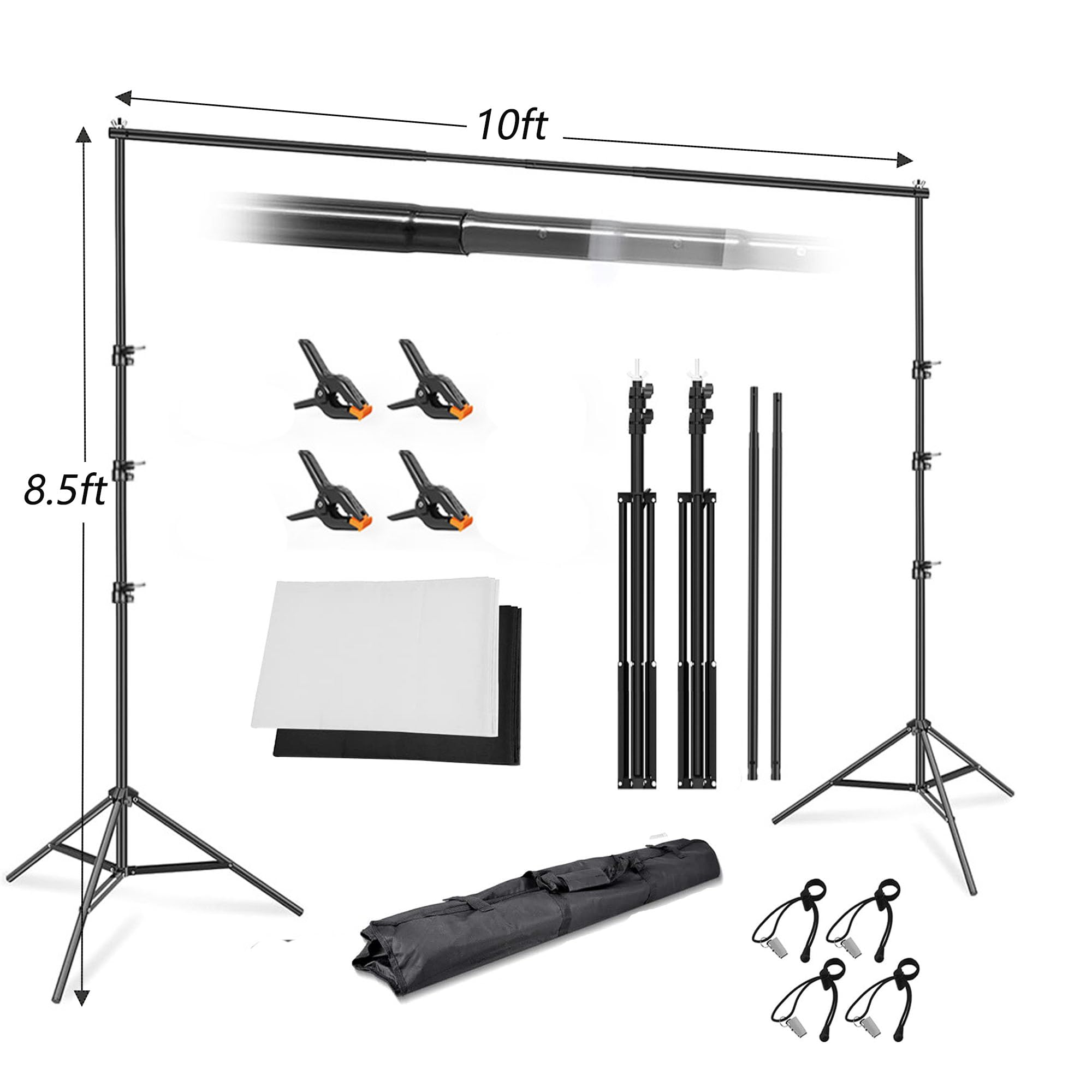 Stojak tła 2,6 x 3 m z białym i czarnym tłem Chromakey o wymiarach 2 x 3 m, regulowany zestaw systemu podtrzymującego tło, zacisk do fotografii, studia wideo, portret, fotografowanie produktu