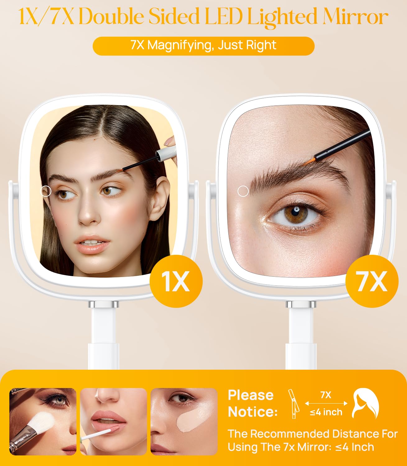 Gospire Miroir de Maquillage rectangulaire éclairé avec lumières 3 Couleurs, Hauteur réglable et grossissement x1/7x, Batterie Rechargeable 4000 mAh pour Chambre à Coucher, Grande Surface de 21,6 x