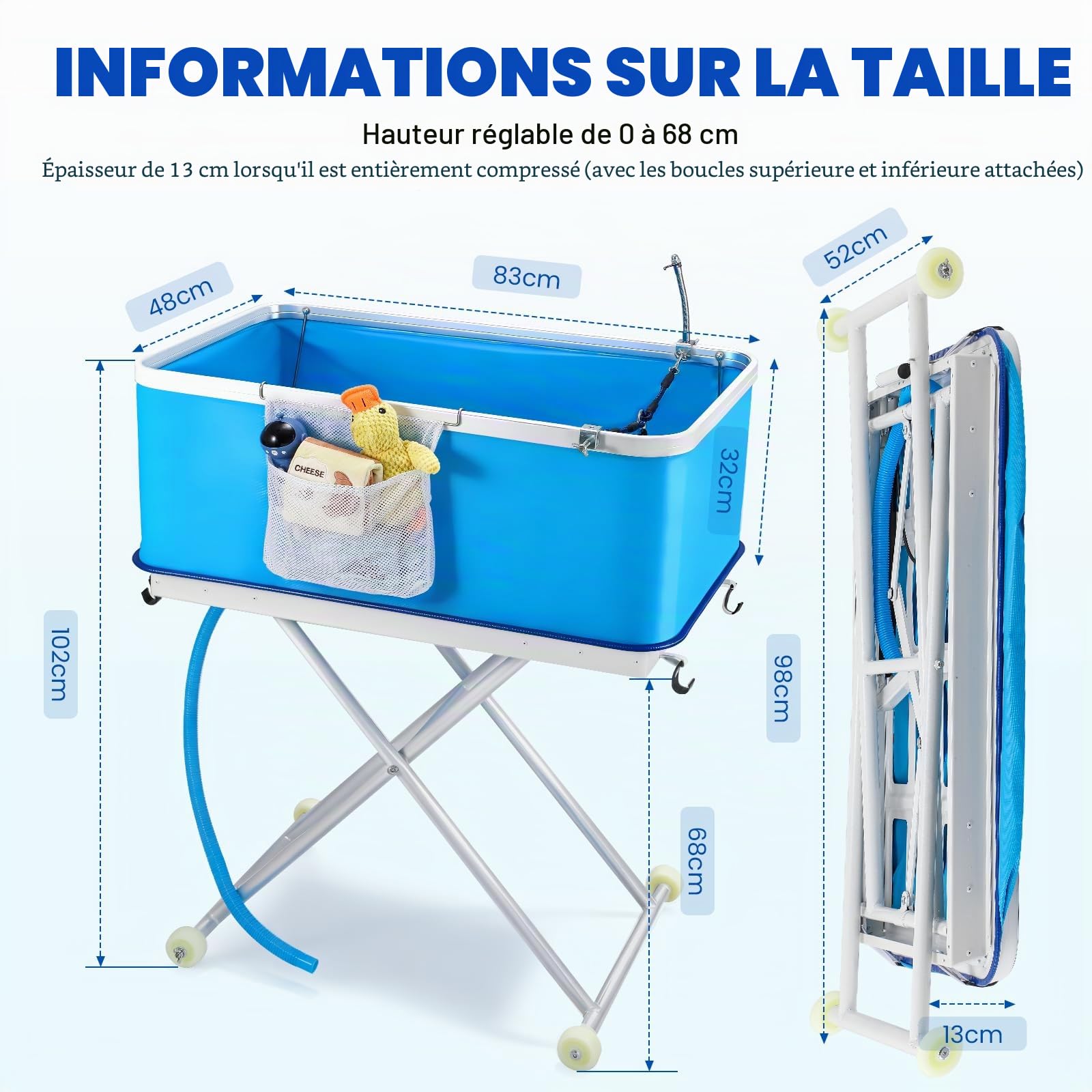 NEWTRY Baignoire surélevée pour animaux de compagnie - Grande capacité - Pliable - Hauteur réglable - Pour chiens et chats de petite à moyenne taille - Bleu