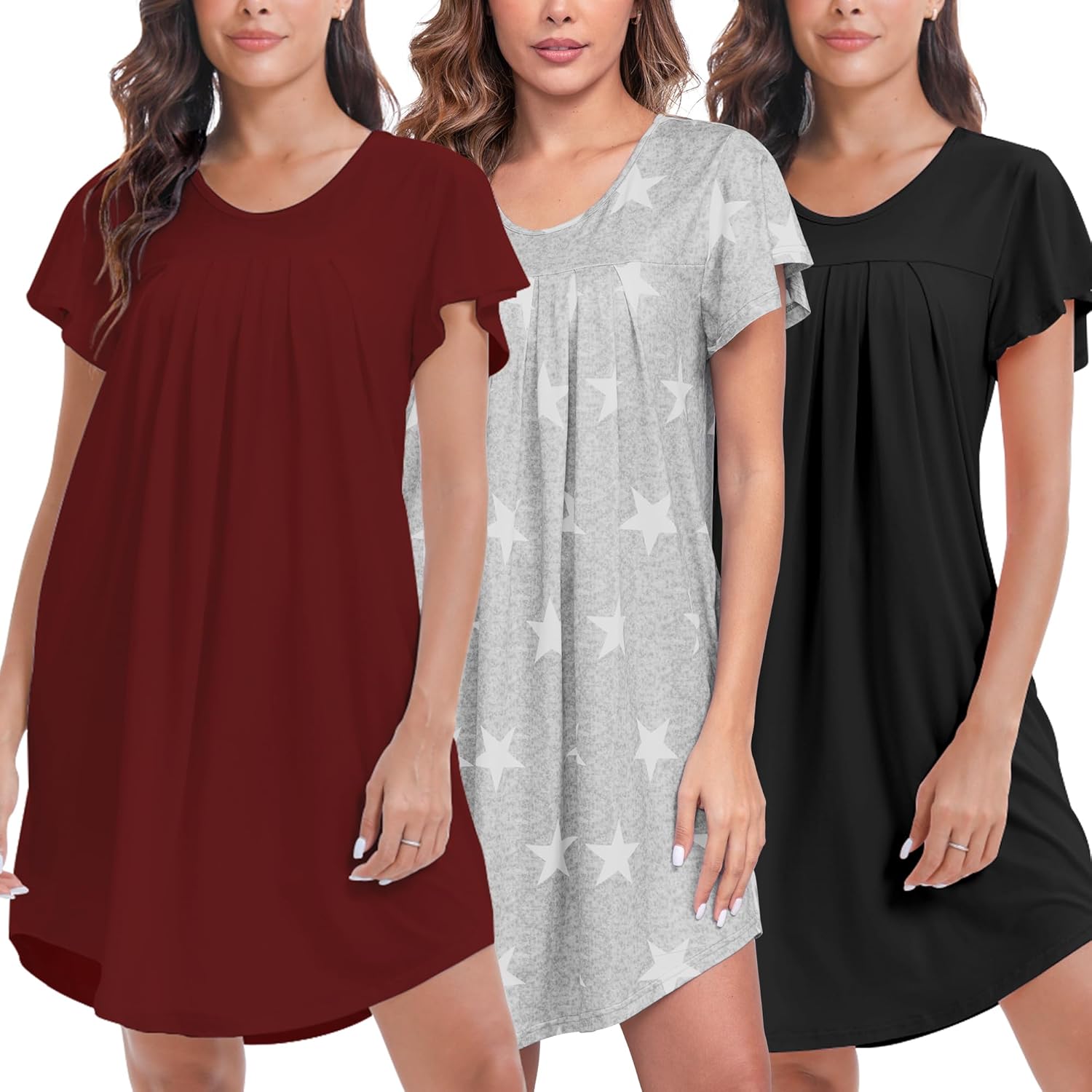 3 Pack Plus Size Nightgowns for Women Pleated Night Gowns Short Sleeve Sleepwear S-XXXL