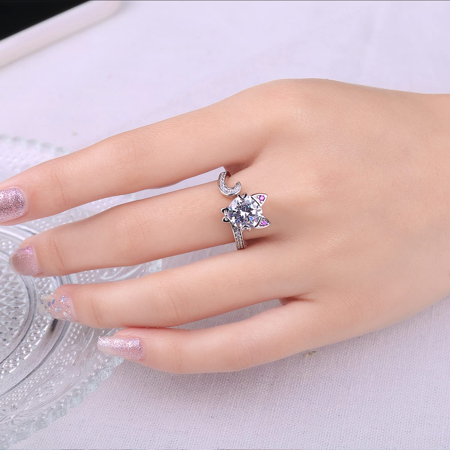JewelryPalace Ajustable Anillo Plata Mujer de Gato Rosa con Lindo Lazo, Anillo Abierto 3ct Circonita, Anillos Niña Plata de Ley 925 Piedra Preciosa, Anillo Llamativo Diamante Simulado, Conjunto Joyas