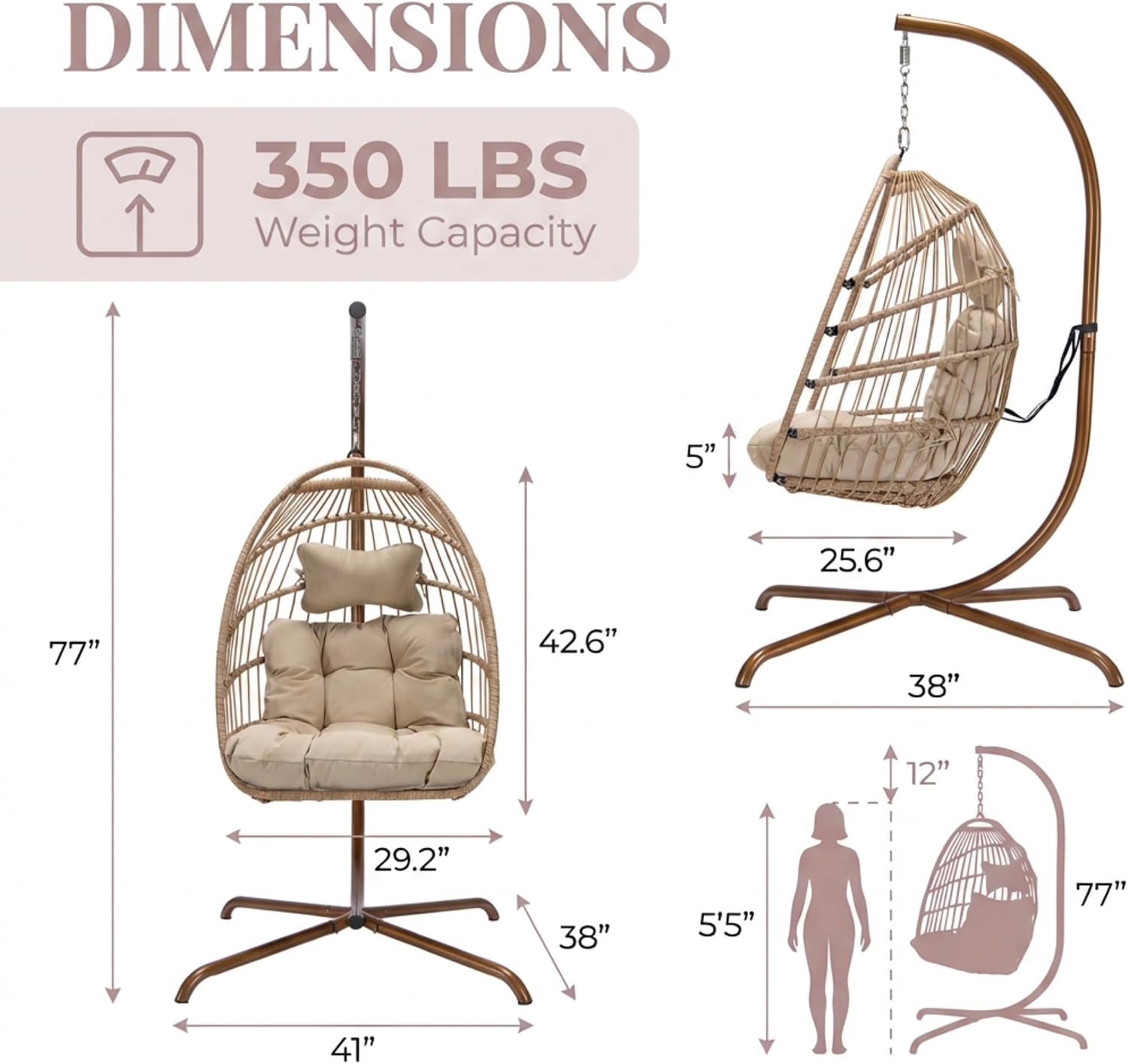 BULEXYARD Indoor Egg Swing Chair with Stand and Cover, 350 Lbs Heavy-Duty Rattan Wicker Hanging Hammock with Cozy Cushion, Eggshell Basket Seat for Outdoor Patio Balcony Garden Bedroom, Beige
