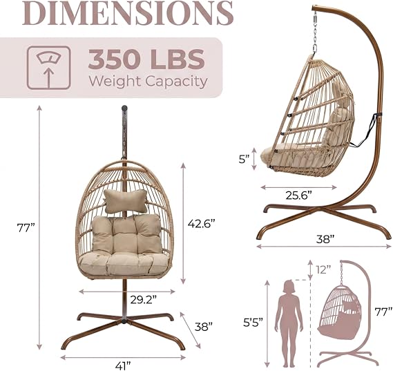 BULEXYARD Indoor Egg Swing Chair with Stand and Cover, 350 Lbs Heavy-Duty Rattan Wicker Hanging Hammock with Cozy Cushion, Eggshell Basket Seat for Outdoor Patio Balcony Garden Bedroom, Beige