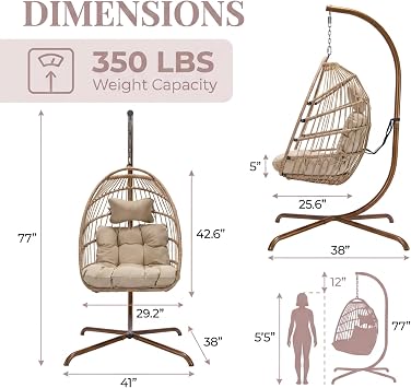 BULEXYARD Indoor Egg Swing Chair with Stand and Cover, 350 Lbs Heavy-Duty Rattan Wicker Hanging Hammock with Cozy Cushion, Eggshell Basket Seat for Outdoor Patio Balcony Garden Bedroom, Beige
