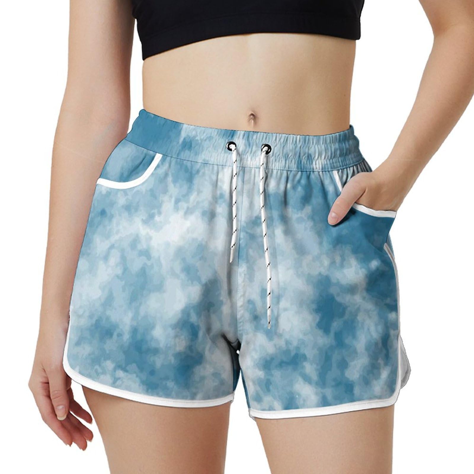 AYUNIX Women's Running Shorts with Pockets Quick Dry Performance Shorts for Women Blue Tie Dye Athletic Workout Gym Shorts