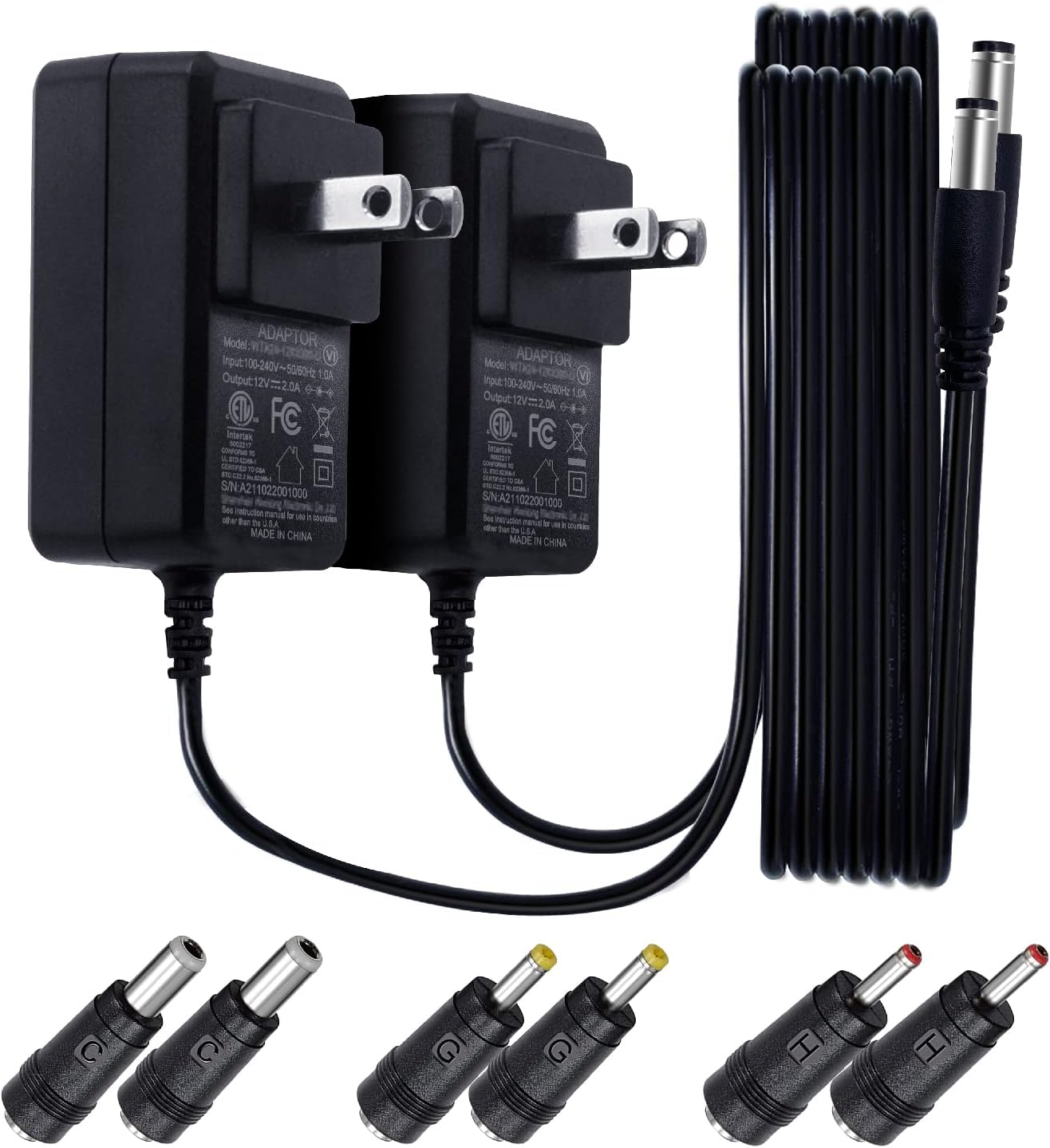 2Pack 12V 2A/2000mA DC Regulated Power Supply Adapter, 100-240V 50/60Hz AC to DC 24W Adapter with 3 Tips for LED Strip Lights, Keyboard, BT Speaker, Router, Monitor,Webcam,DVR,NVR, CCTV Camera, ETL