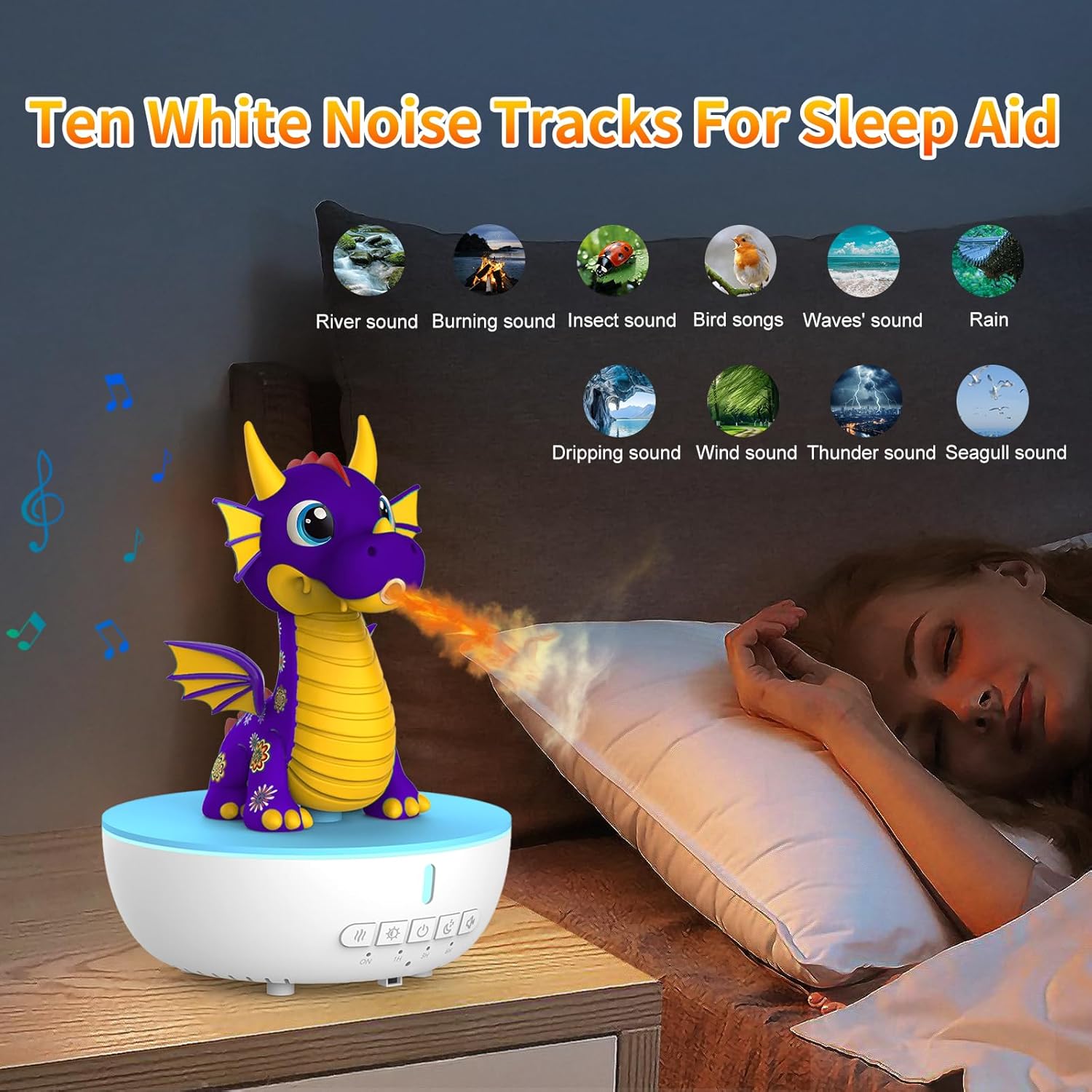 200ML Dragon Essential Oil Diffuser, Aromatherapy & Humidifier with Remote & Timer, 10 Soothing White Noise Machine, Cute Aroma Diffuser for Kids Bedroom, Home, Nursery, Purple