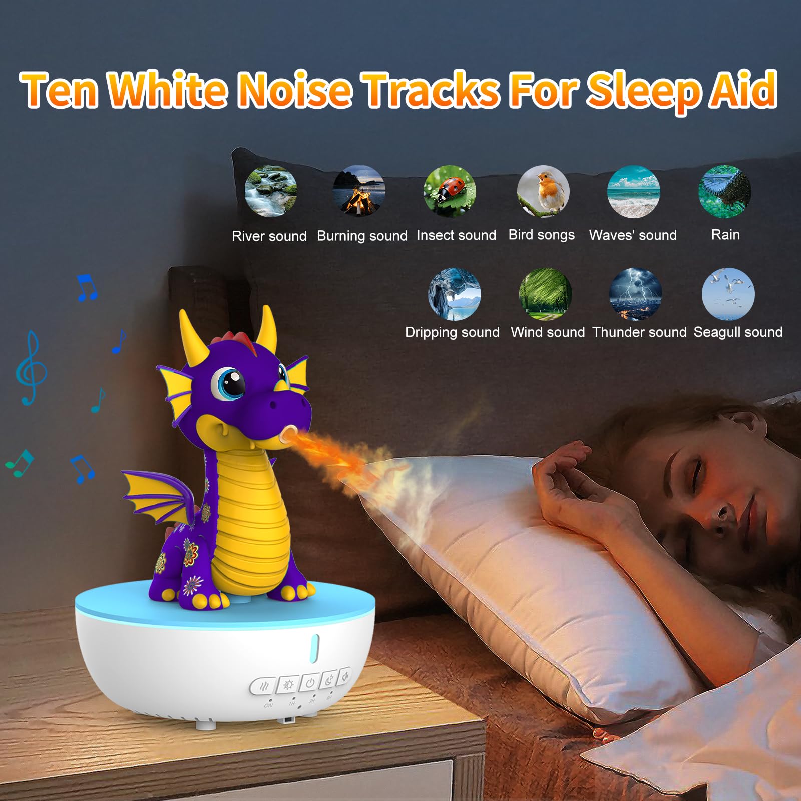 Diffusor de Aromas con Ruido Blanco, Humidificador para Niños de 200 ml con Mando a Distancia y Función de Temporizador 1/3/6 H, Diffusor de Aceites Esenciales para Dormitorio (Morado)