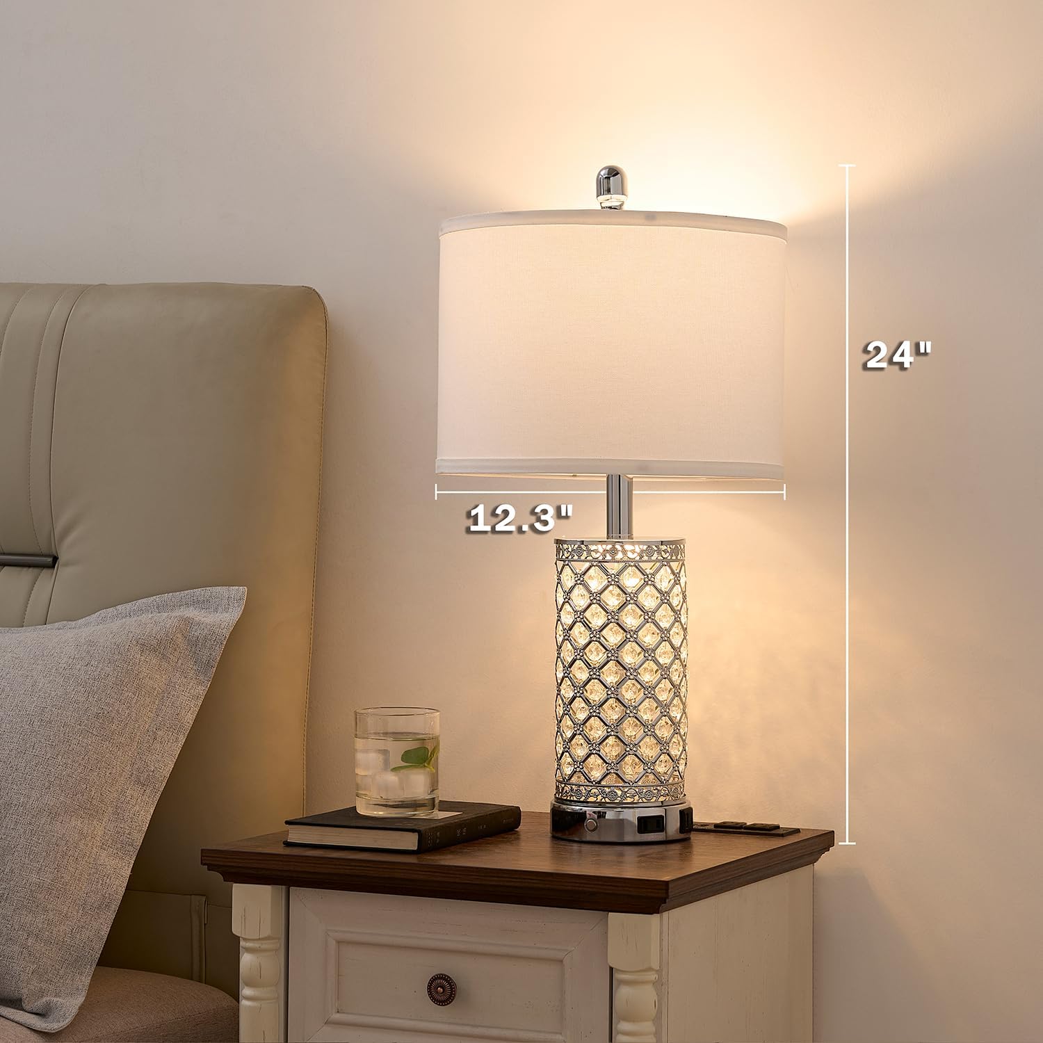 Crystal Table Lamps Set of 2, 3-Way Dimmable Bedside Lamp with 2 USB Ports & AC Outlets for Living Room Bedroom Nightstand Lamp Night Light (Silver- 2 Pack 24In)