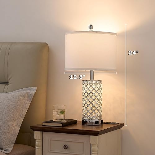 Miniatura 6 de Juego de 2 lámparas de mesa de cristal, lámpara de noche regulable de 3 vías con 2 puertos USB y salidas de CA para sala de estar, dormitorio,