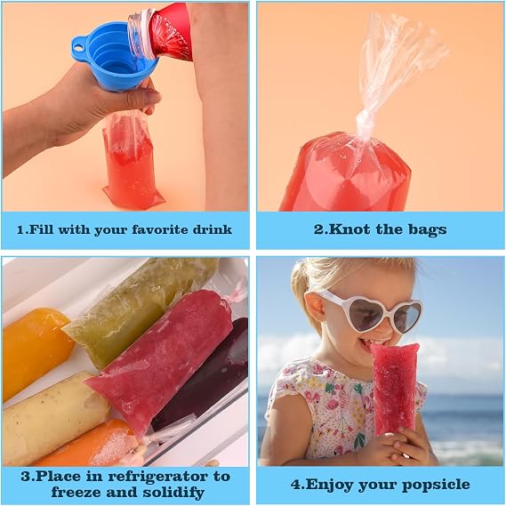 BokingOne Ice Lolly Bags Disposable, Ice Cream Mold Bags with Silicone Funnel. 3 x 12 inches Plastic Ice Candy Bags for Making Bolis/Ice Creams Yogurt Candy (Clear - 120 Pcs)