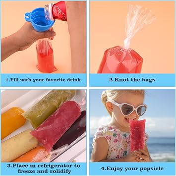 BokingOne Ice Lolly Bags Disposable, Ice Cream Mold Bags with Silicone Funnel. 3 x 12 inches Plastic Ice Candy Bags for Making Bolis/Ice Creams Yogurt Candy (Clear - 120 Pcs)