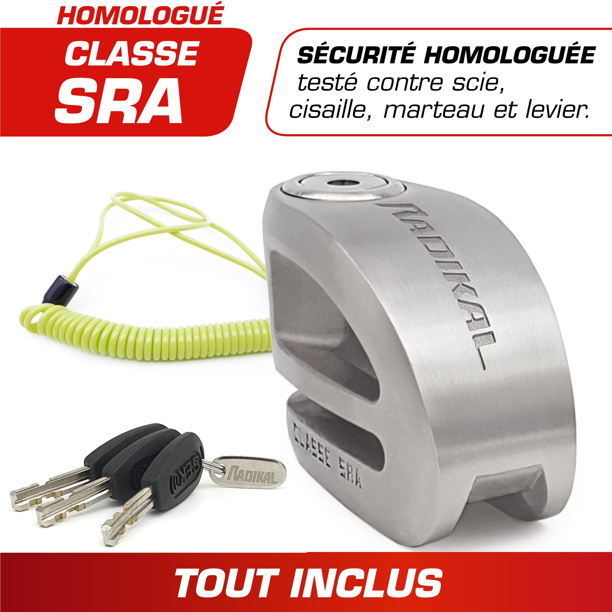 RADIKAL RK310S Antivol Moto Bloque Disque Premium Homologué SRA, Design Exclusif, Serrure Haute Sécurité, Acier Inoxydable, Double Verrouillage ø10mm, Antivol Bloc Frein Roue pour Moto Scooter