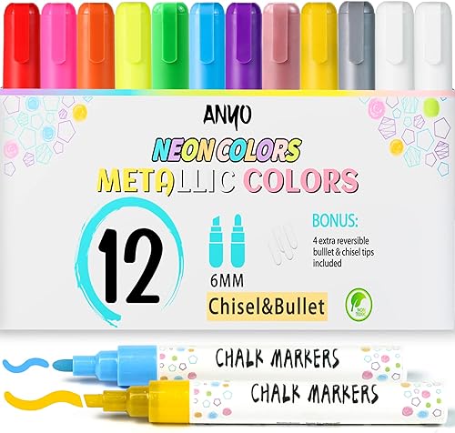 Paquete de 12 rotuladores de tiza líquida borrables, incluyendo 3 colores metálicos, pintura lavable para pizarra de pizarra, pizarra, ventana de