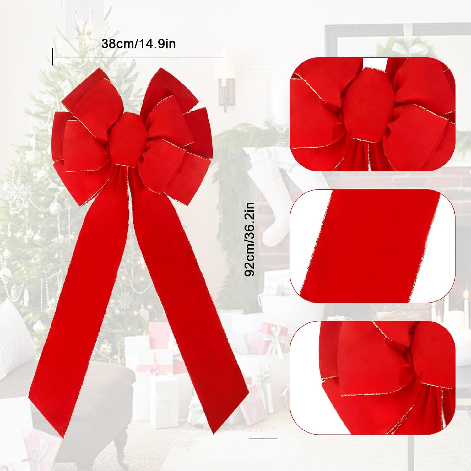 Giant Red Velvet Christmas Bow - Large Waterproof Outdoor Decoration, Perfect for Christmas Tree, Front Door & Wreath, Elegant Big Holiday Bow for Festive Outdoor/Indoor Decor (Red 1, 4 PCS)