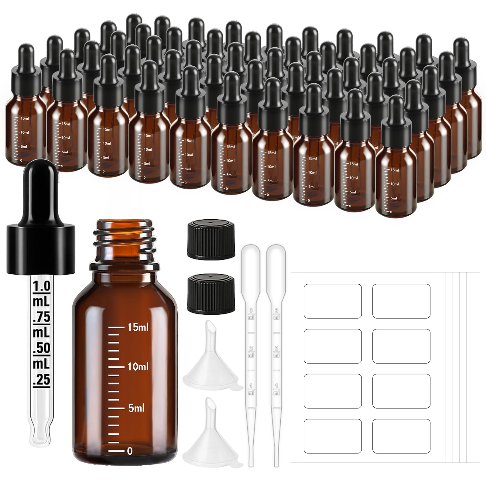 UPBUD 50 Pcs 1/2oz Amber Glass Dropper Bottles with Measurement, 15ml Leakproof Tincture Bottles with Funnels, Eye Droppers, Extra Caps & Labels,