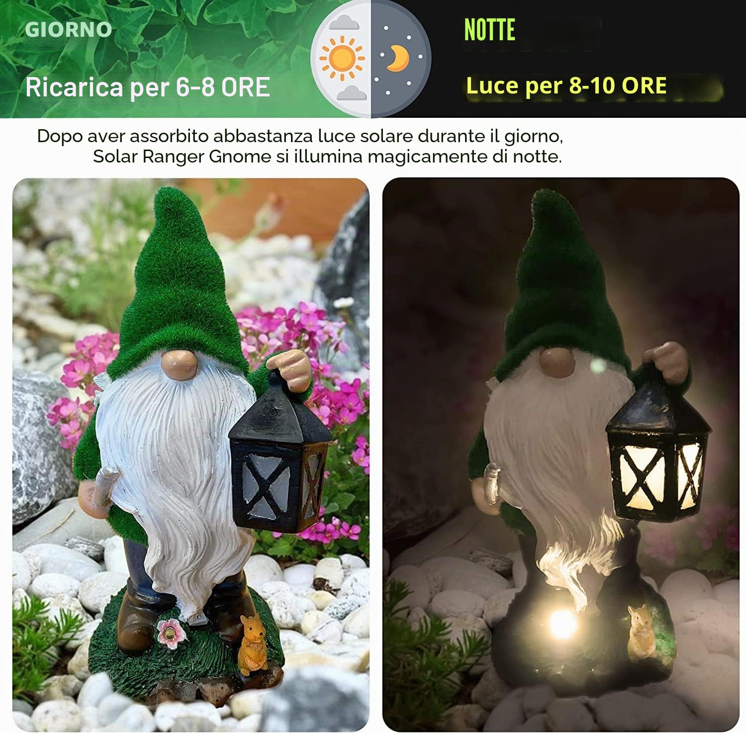 The Enchanted Garden Statua di gnomo Ranger per esterni, statuetta in resina per esterni, alimentata a energia solare, luci LED per patio, prato, cortile, decorazione