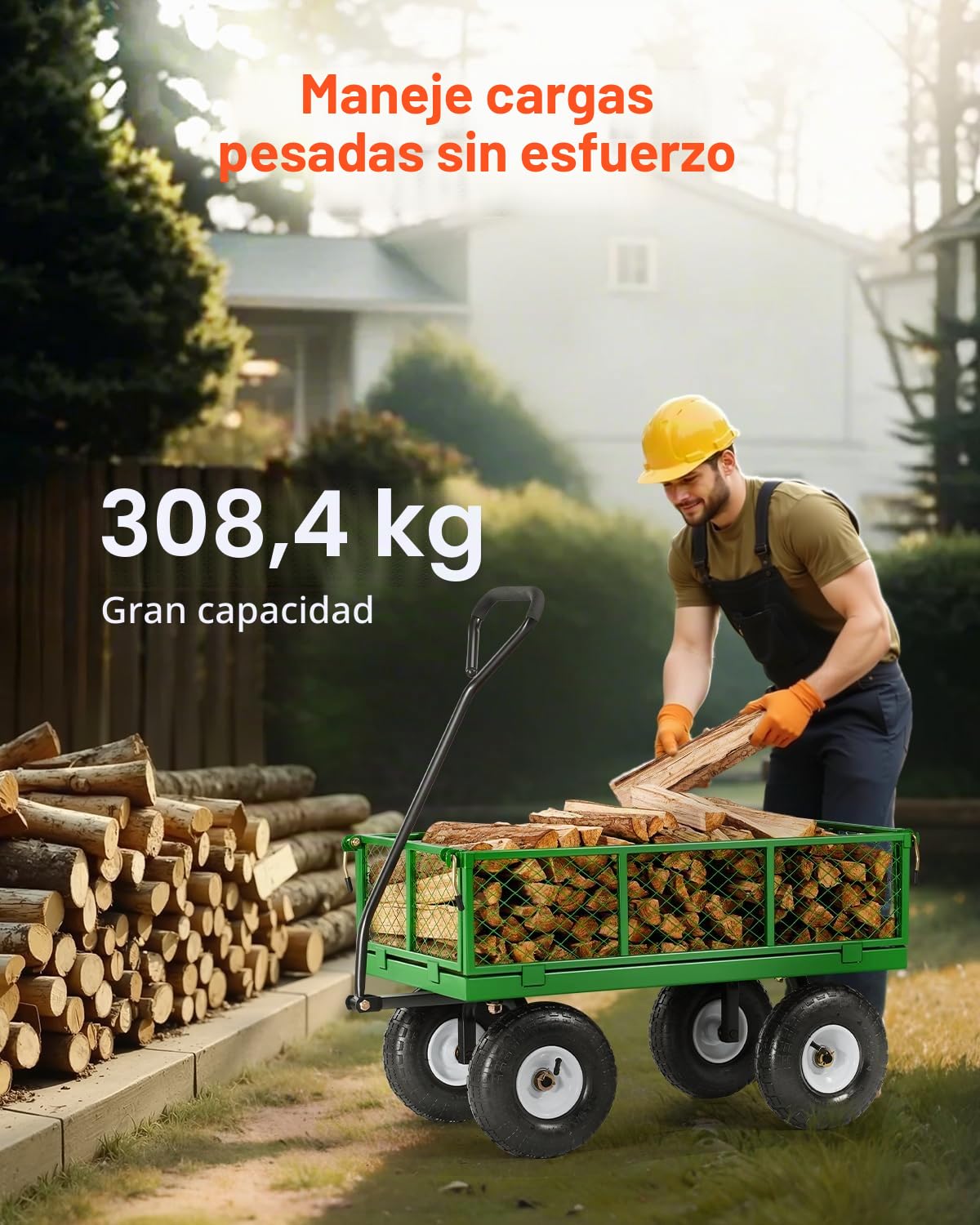 VEVOR Carrito de Jardín de Acero de 1700 x 480 x 515 mm con Neumáticos de 10", Laterales de Malla Extraíbles y Manija Giratoria de 180° para Exterior, Capacidad máxima de Carga de 308,44 kg, Verde